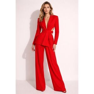 Luxe Dress Red Two Piece Pant Suit Hollow Out Sexy VNeck Small NWT